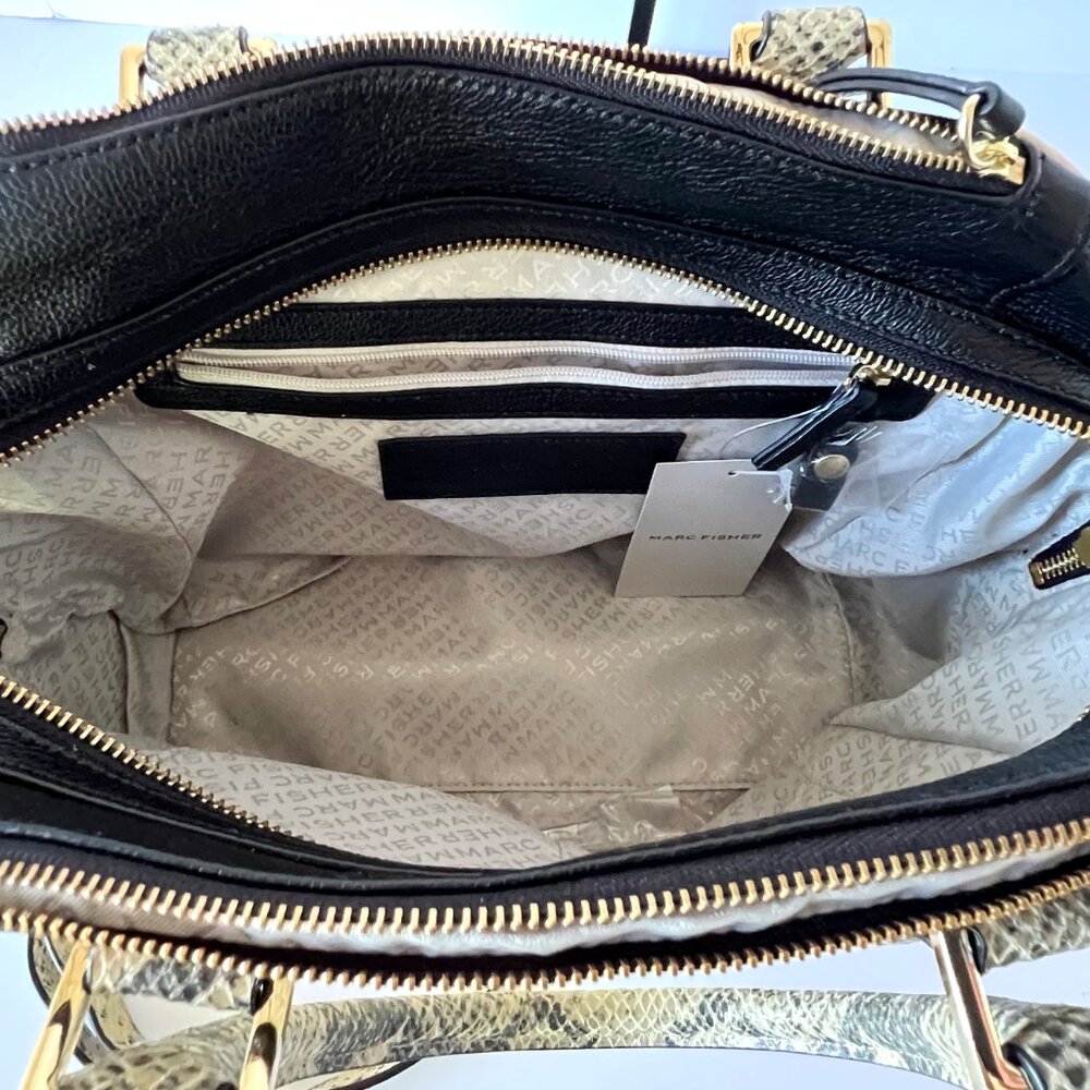 New Marc Fisher Shoulder Bag, Leather, "Kyra" Cream and Black, Snakeskin Print - Picture 5 of 14
